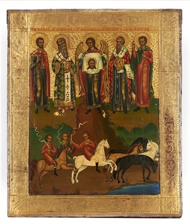 Arte russa, secolo XIX. Icona a tempera su tavola raffigurante nella metà super