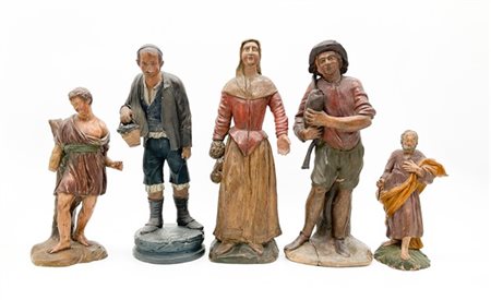 Arte del secolo XIX. Lotto composto da cinque diverse figure presepiali in terr