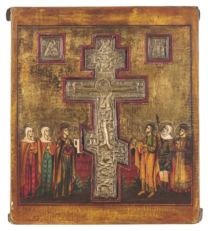 Arte russa, secolo XIX. Icona stauroteca della Crocifissione, tempera su tavola