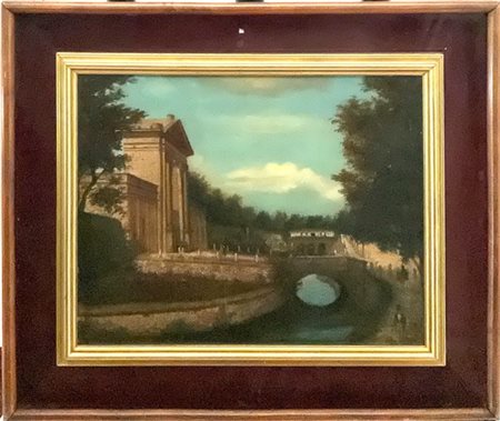 Ignoto "Porta Nuova a Milano" olio su carta (cm 34x43.5) In cornice (difetti)