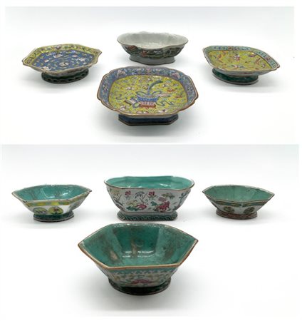 Lotto composto da otto ciotole di forma sagomata dipinta in policromia con deco