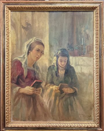 Antal Peczely "Interno di chiesa con donne oranti" 
olio su tela (cm 80x60)
firm