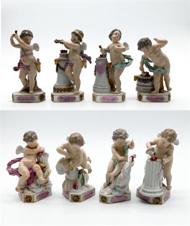 Manifattura di Meissen, secolo XIX. Gruppo di otto figurette in porcellana dipi