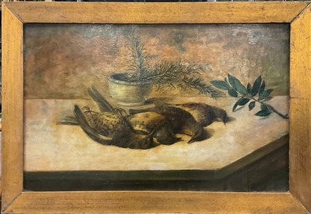 Giuseppe Sidoli "Composizione con cacciagione, rosmarino e alloro" 
olio su comp