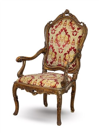 Poltrona in legno intagliato e dorato in stile veneziano settecentesco, braccio
