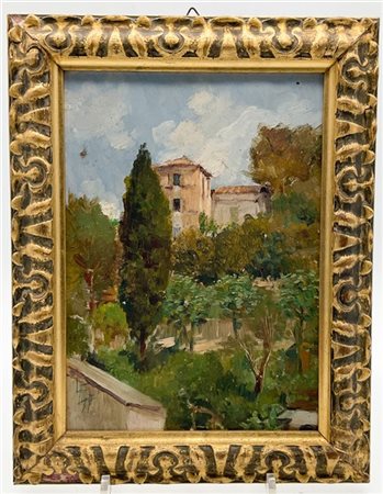 Ignoto di inizio secolo XX

"Paesaggio con villa" 
olio su cartoncino (cm 24x17