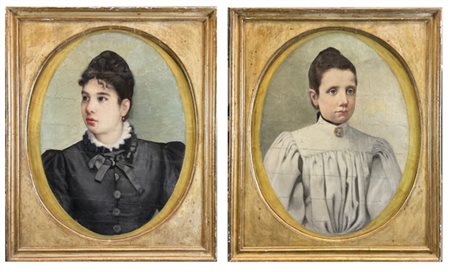 Ignoto del secolo XIX
Lotto di due "Ritratti femminili" 
oli su tela ovale (cm