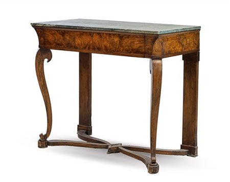 Console in noce e radica di noce, un cassetto nella fascia e gambe mosse riunit