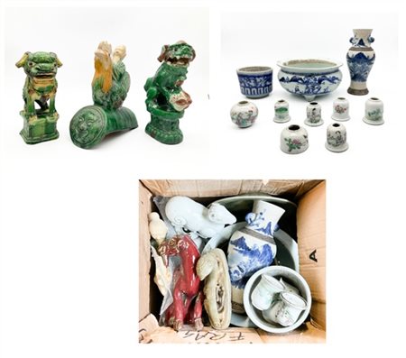 Cartone contenente numerosi oggetti di usi, decori e materiali diversi tra cui