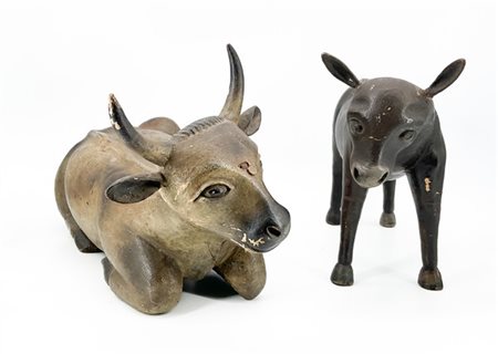 Arte dell'Alto Adige o Austria, secolo XIX. Due figure presepiali del bue e asi