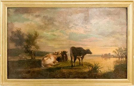 Scuola francese del secolo XIX

"Mucche al tramonto" 
olio su tela (cm 75x127)