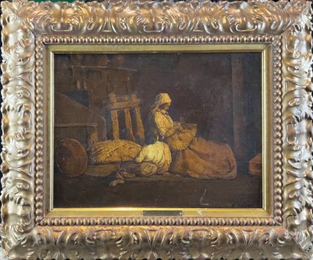 Filippo Carcano "Scena d'Interno" 
olio su tavola 
firmato in basso a destra
in