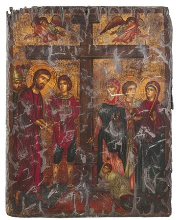 Arte russa, secolo XX. Icona della Crocifissione a tempera su tavola, in stile