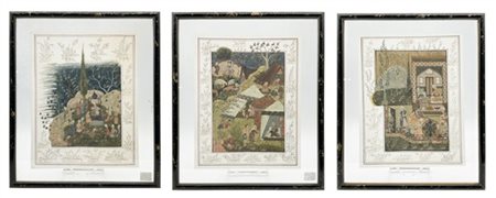 Arte persiana, secolo XX. Gruppo di tre miniature su seta dipinte in policromia