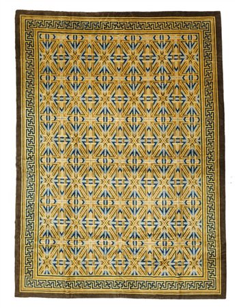 Tappeto Nepal, recente manifattura. Decoro a griglia nei toni dell'azzurro, blu