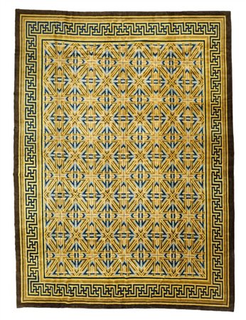 Tappeto Nepal, recente manifattura. Decoro a griglia nei toni dell'azzurro, blu