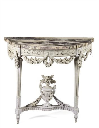 Coppia di console demi-lune in legno intagliato e dipinto, piano in marmo fior