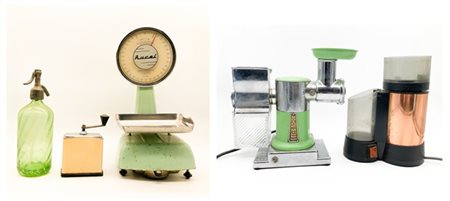Lotto composto da bottiglia da Seltz, una bilancia, un macina caffè a mano, un