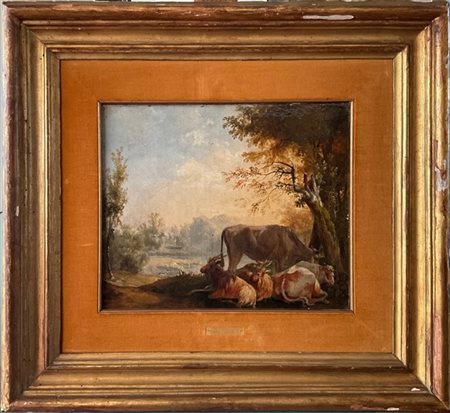 Jacob Philipp Hackert (attr.)

"Armenti in un paesaggio" 
olio su tela (cm 27x3