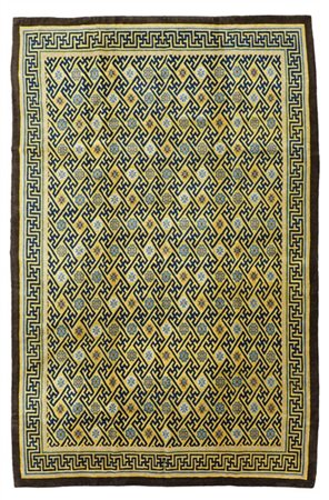 Tappeto Nepal, recente manifattura. Decoro a griglia blu su fondo giallo cospar