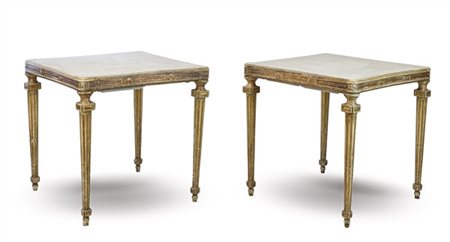 Coppia di tavoli in stile Luigi XVI legno intagliato, laccato e dorato con fasc