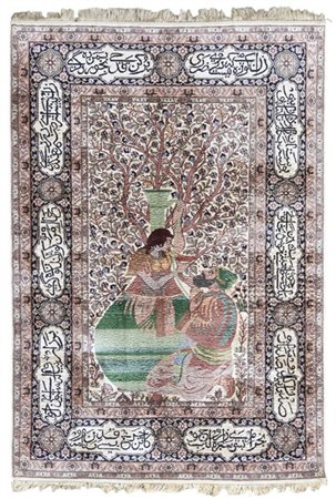 Tappeto Tabriz, Persia, secolo XX. Annodato in seta su seta. Decoro figurato ra