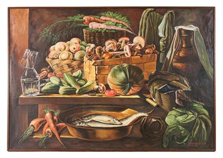Firma indecifrata, artista russo "Natura morta con pesci e ortaggi" 1970, olio