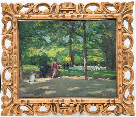 Firma indecifrata del secolo XX

"Figura al parco" 
olio su compensato (cm 38x5