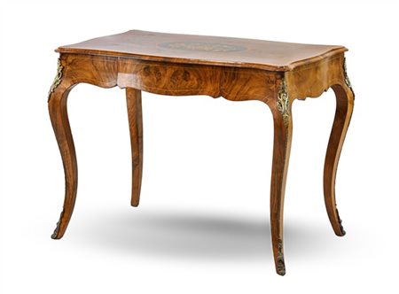 Scrittoio da centro di forma sagomata impiallacciato e intarsiato a motivi flor