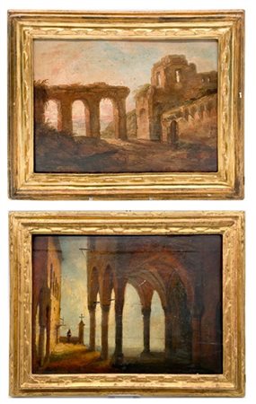 Ignoti del secolo del secolo XIX, Coppia di vedute oli su diversi supporti (cm