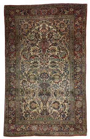 Tappeto preghiera Ispahan, Persia, secolo XX. Mirab a fondo bianco decorato con