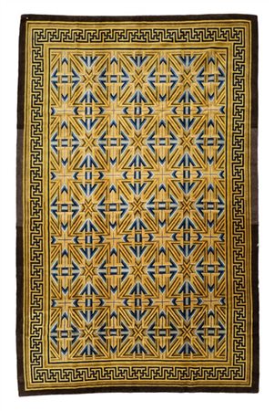 Tappeto Nepal, recente manifattura. Decoro a griglia nei toni dell'azzurro, blu