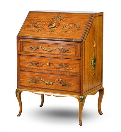 Ribaltina impiallacciata in satinwood e parzialmente dipinta in policromia a tr