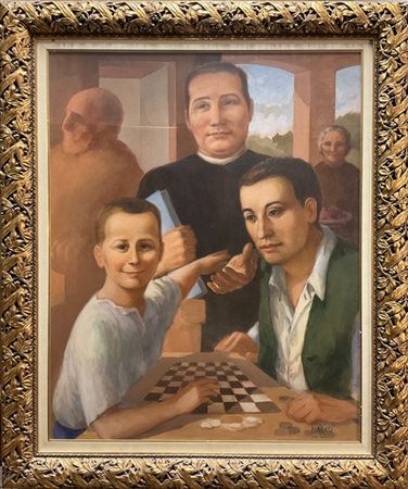 Ignoto "Il gioco della dama" acrilico su tela (cm 100x70) firmato in basso a de