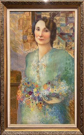 Ignoto "Ritratto femminile" acrilico su tela (cm 120x70) firmato in basso a des