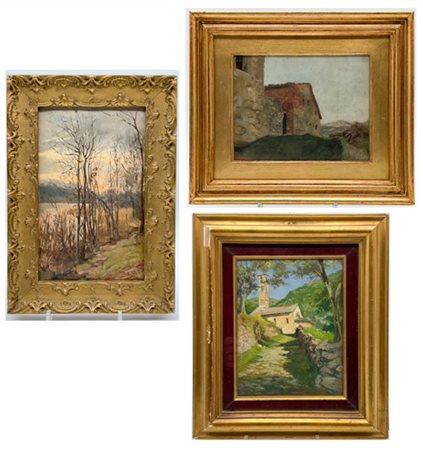 Diversi autori del secolo XX, Lotto di tre dipinti raffiguranti paesaggi, olio
