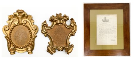 Lotto composto da due piccole cartagloria in legno intagliato e dorato, secolo