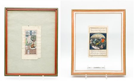 Arte islamica, secolo XIX. Due pagine miniate, una con scena di caccia alla tig