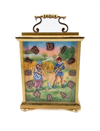 Imhof. 
Orologio da tavolo in metallo e smalti policromi a soggetto bucolico, q