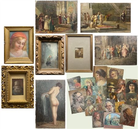 Scatola contenente numerosi dipinti di piccolo formato, di diversi autori, sogg