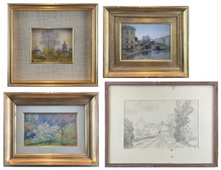 Alfonso Corradi Lotto composto da tre dipinti ad olio e un disegno a carboncino