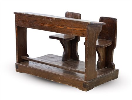 Banco per scuola d'infanzia a due posti in legno dolce con pedana e vano porta