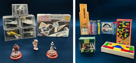 Cartone contenente numerosi giocattoli tra cui alcuni set di dadi, figurini da