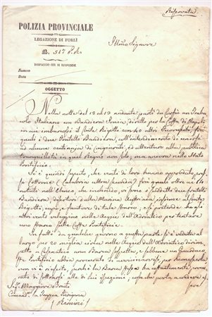 [Risorgimento] Lettera di quattro fogli, datata 28 giugno 1844, relativa a sospetti di uno sbarco di facinorosi sulle coste pontificie, Rimini