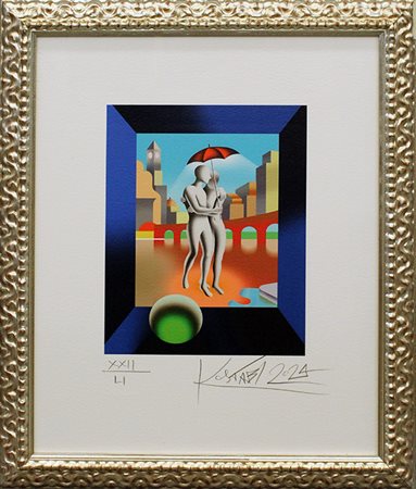 Mark Kostabi "Figure sotto l'mbrello " 2024
