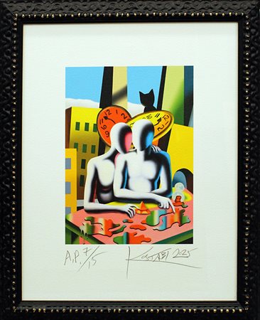 Mark Kostabi "Coppia con gatto" 2025