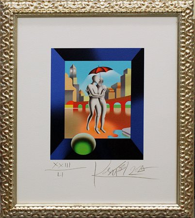 Mark Kostabi "Figure sotto l'mbrello " 2024