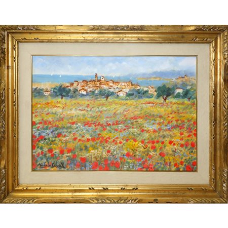 Michele Cascella (Ortona 1892 - Milano 1989)  - Campo di papaveri con veduta di paese, 20° secolo