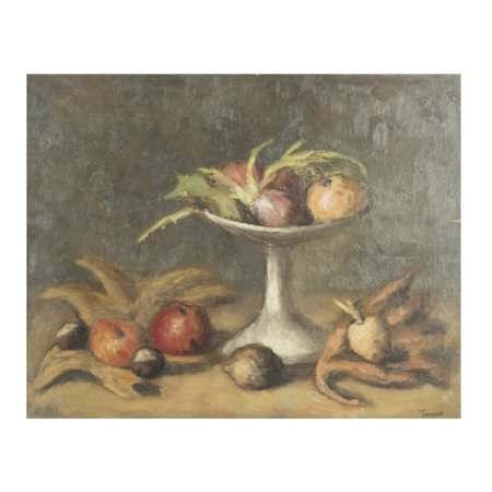 Fiorenzo Tomea (Zoppé di Cadore 1910 - Milano 1960) "Fruttiera con foglie" 1944 40,5x51 cm.