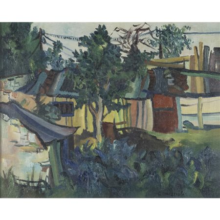 Giovanni Omiccioli (Roma 1901 - 1975) "Paesaggio con case" anni '40 38,5x48 cm.